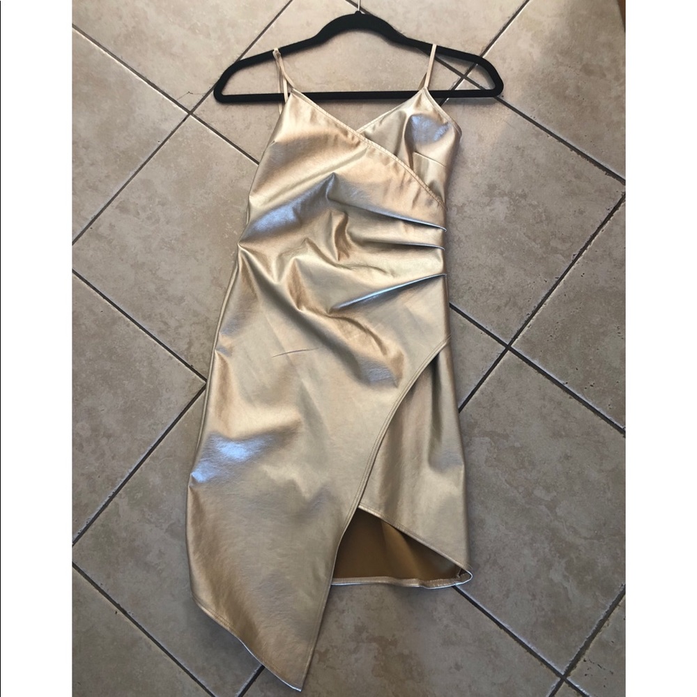 gold asymmetrical dress with adjustable straps